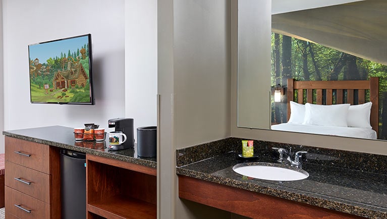 The sink area in the accessible Deluxe Wolf Den Suite